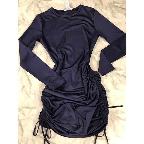 B Darlin Dress Ruched Bodycon Mini 7/8 Satin Silky Smooth Party Cocktail Blue - Picture 3 of 9